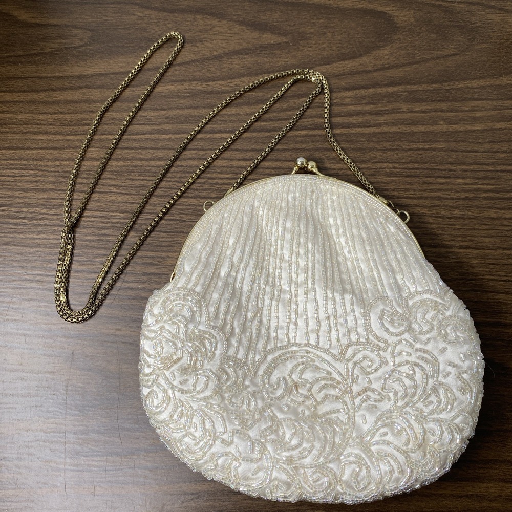 La Regale Aurora Borealis Beaded  Evening Purse White Satin Kiss Lock Gold Chain